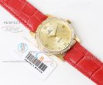 Perfect Replica Omega Deville Gold Butterfly Dial Red Leather Strap Ladies Watches